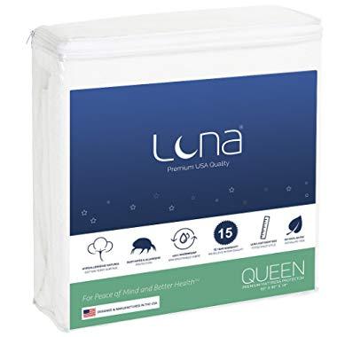 Luna Premium Hypoallergenic Waterproof Mattress Protector - Made in The USA - Vinyl Free (Queen)