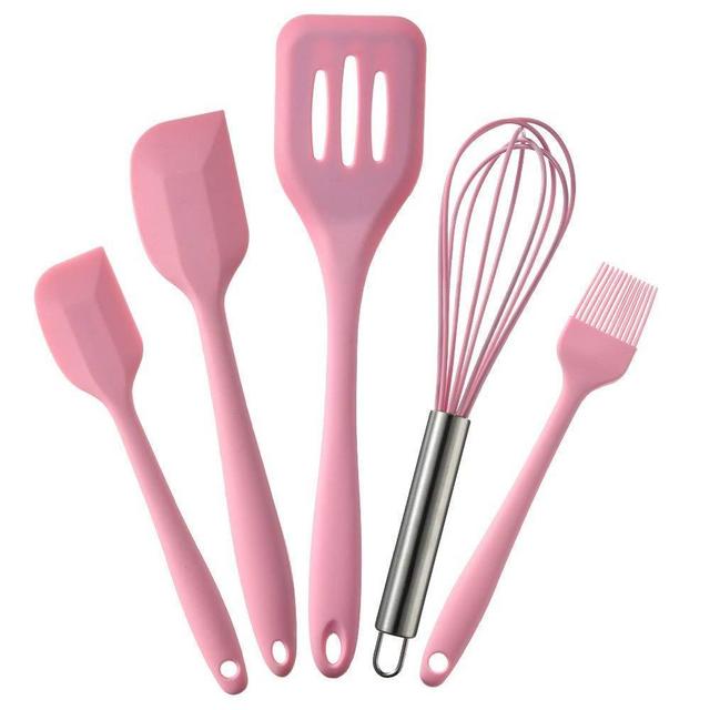 SunLifeU Silicone Pink Baking Utensils Sets 5 Piece–2 Sizes Heat-Resistant Non-stick Rubber Spatulas, Egg Whisk, Turner, Silicone Brush, BPA Free