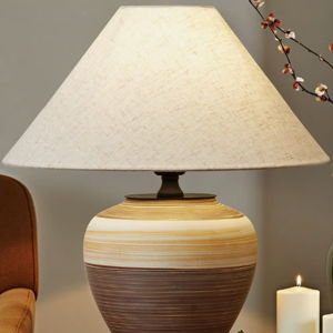 Beige & Brown Two-tone Ceramic Table Lamp – Handmade Striped, Linen Shade For Bedroom, Living Room & Bedside