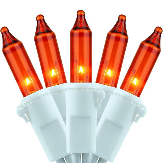 YULETIME 200 Orange Christmas Lights, Pack of 2 Sets 33 Feet 100 Count UL Certified Incandescent String Lights (Orange - White Wire)