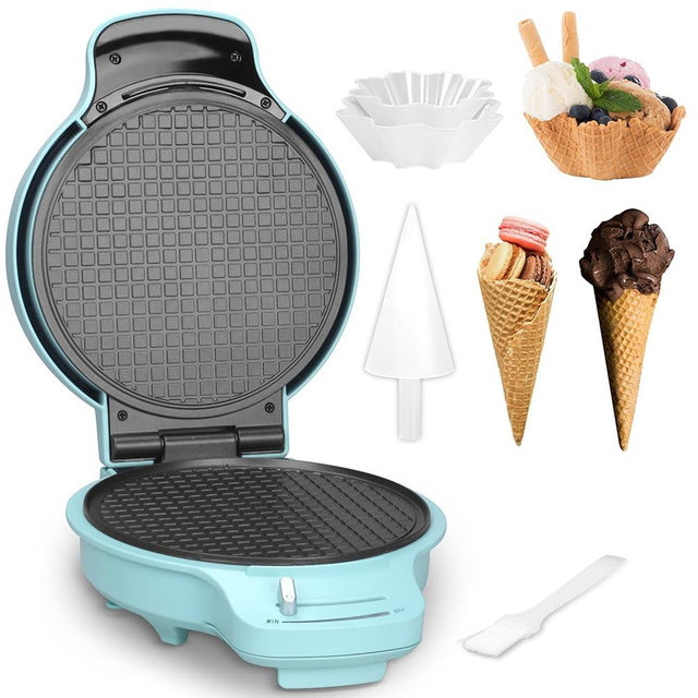 Baker's Friend Waffle Cone Maker Machine with Browning Control, 7.5” Ice Cream Cone Maker, Cone Roller & Bowl Press Included,Thin Waffle Maker Crispy, Nonstick Waffle Bowl Maker,Aqua