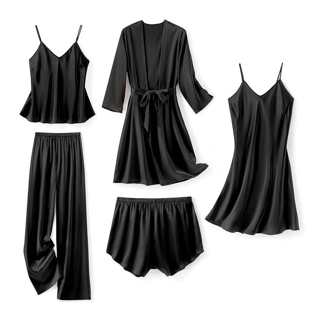 SAPJON Silk Pajamas for Women 5Pcs Sleepwear Loungewear Satin Robe Cami Shorts Pj Set