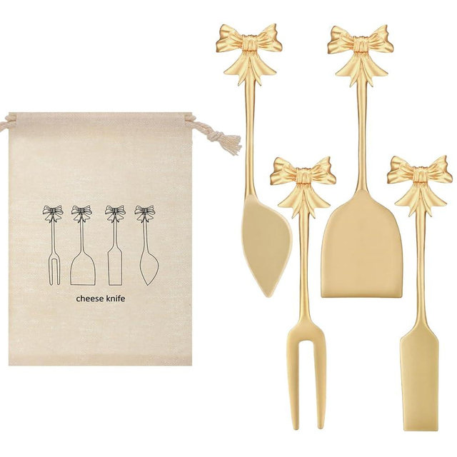 SiliFine Set of 4 Bow Cheese Knives Set with Bag Cheese Spreaders Bow Handle Brass Knives Slicer and Butter Cutter for Charcuterie Boards Accessories