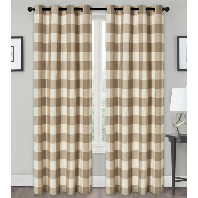 Kate Aurora Country Farmhouse Living Classic Buffalo Plaid Checkered Single Grommet Top Window Curtain Panel - 54 in. W x 84 in. L, Linen