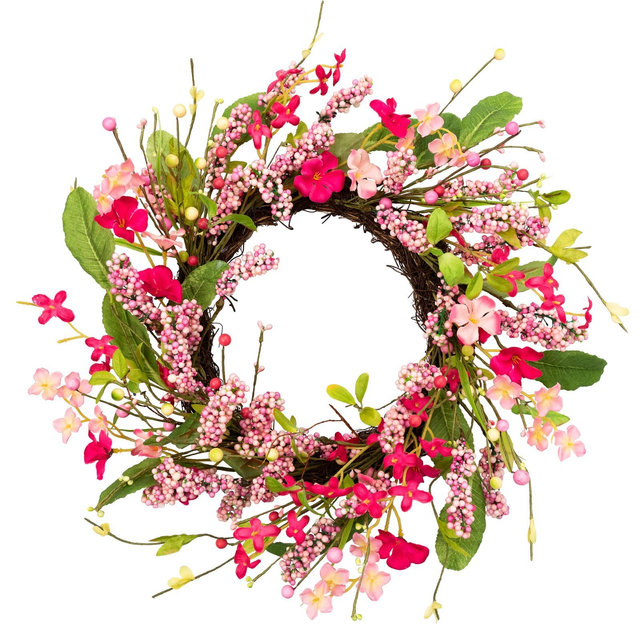 Northlight Geranium and Berry Artificial Spring Floral Wreath, Pink - 18-Inch