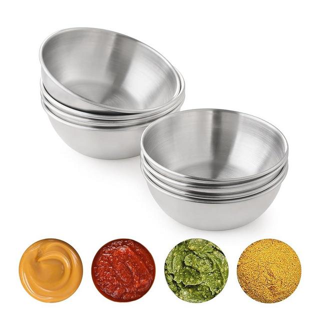 COKUMA 8 PCS Stainless Steel Mini Soy Sauce Dish, HIA Individual Round Seasoning Bowls, Sushi Dipping Bowl, Ingredient bowls for prep Appetizer Plates, (4PCS 3.5 inch & 4PCS 3.2 inch)