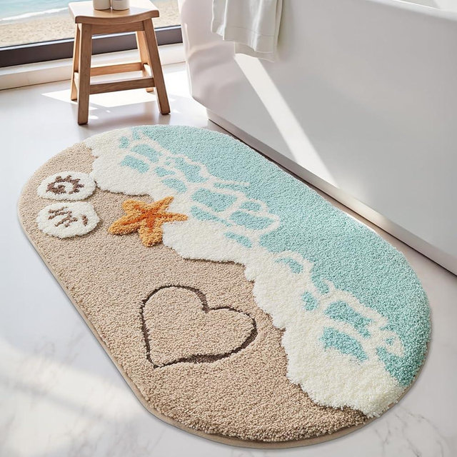 LUMI Beach Bathroom Rugs, Non Slip Bath Mat Ultra Soft Washable Absorbent Quick Dry, Ocean Sea Theme Bath Rug with Starfish Shell for Shower Floor, Kitchen Decor, Kids Room, 24"x44"