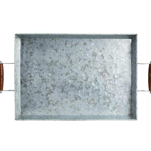Galvanized Metal Rectangular Tray with Wood Handles