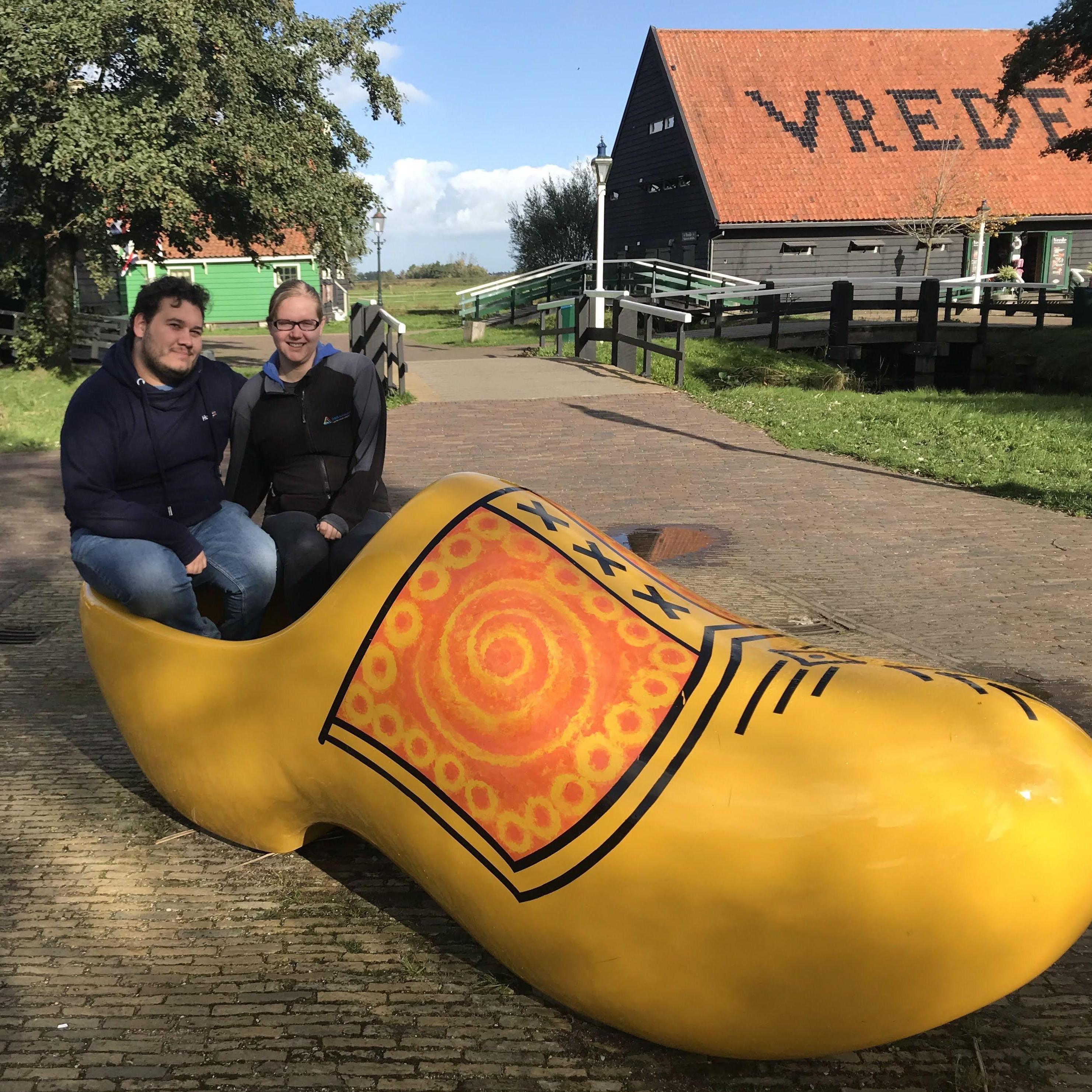 Visiting the Zaanse Schans with lots of old-timey windmills and a large klomp, Nederland, 2021. One of the recommended things to do!