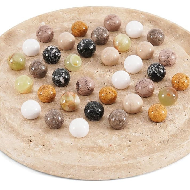 Marble Solitaire Game 10" Inch Travertine Handmade Peg Solitaire Board Game with Marbles, Classic Marble Puzzle Game, Modern Tabletop Brain Teaser for Adults