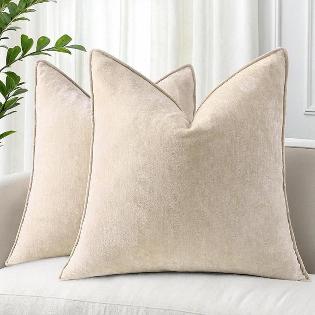 decorUhome Spring Couch Throw Pillow Covers 18x18 Set of 2, Decorative Soft Chenille Pillow Covers with Elegant Design for Sofa Bed Living Room Home Decor, Beige