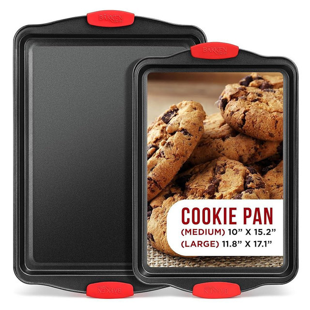 2 Piece Set Nonstick Carbon Steel Oven Bakeware -Professional Quality Kitchen Cooking Baking Trays -PFOA, PFOS, PTFE-Free Small & MediumBaking Sheet Pans with Red Silicone Handles