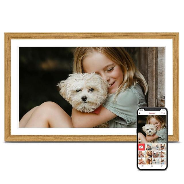Digital Picture Frame, Frameo Digital Photo Frame 15.6 Inch, 1920 * 1080 IPS FHD Touchscreen, 32GB, Tabletop&Wall-Mounted, Share Video Picture, Electric Picture Frame, Mom Gifts, Natural Woodgrain