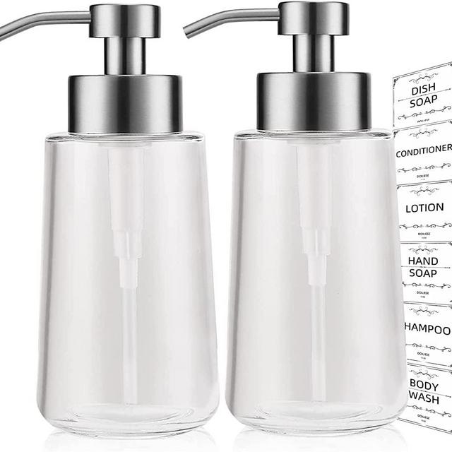 Glass Soap Dispenser with Pump, Anti-Rust Bathroom Soap Dispenser Set, 2 Pack Dish Soap Dispenser for Bathroom,15oz Hand Soap Dispenser with Waterproof Labels, Liquid Soap Dispenser for Kitchen