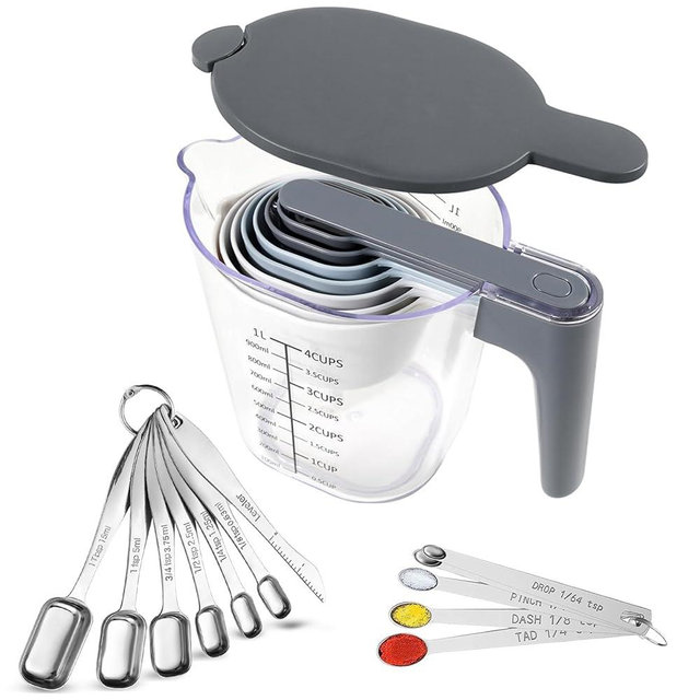 Recogwood 22 Piece Measuring Cups and Spoons Set, Stainless Steel Measuring Spoons Set and Stackable Measuring Cup with Lid for Liquid and Dry Ingredients, Cooking Baking Gadgets