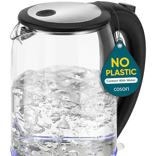 Cosori Electric Kettle, No Plastic Contact With Water, Wide Mouth For Easy Cleaning, Auto Shut Off, 1.7L Tea Kettle & Hot Water Boiler, Water Heater & Teapot, Borosilicate Glass, Black, 1500W