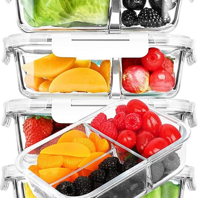 [5-Pack,36 oz]Glass Meal Prep Containers 3 Compartment with Lids, Glass Lunch Containers,Food Prep Lunch Box,Bento Box,BPA-Free, Microwave, Oven, Freezer, Dishwasher (4.5 Cups, White)