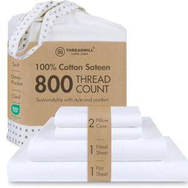 Threadmill Luxury Queen Sheet Set 800 Thread Count for Queen Size Bed - Hotel White Sateen Queen Bed Sheets, Better Than Egyptian Cotton,4 Pc Solid Soft Breathable Bed Set, Fits 16" Deep Pocket