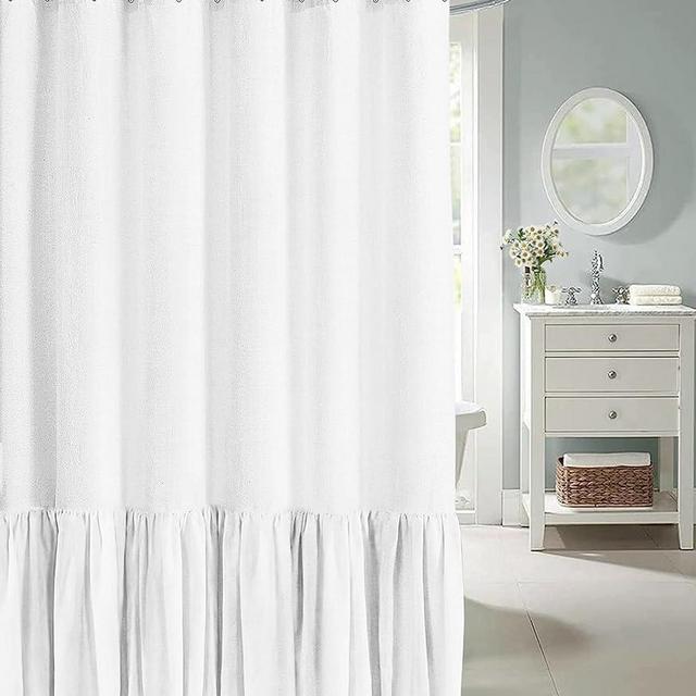 Farmhouse Shower Curtain with A Ruffle Hem, White Linen Shower Curtain for Bathroom, 60"x72" 10 Hooks