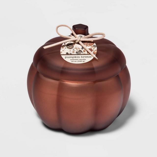 12oz Lidded Frosted Glass Pumpkin Jar 2-Wick Pumpkin Brittle Candle - Threshold™