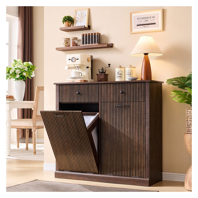 Tilt-Out Trash Cabinet, Hidden Trash Can with 20 Gallon Storage, Wooden Hidden Garbage Can Cabinet with 2 Drawers for Kitchen & Living Room, Brown