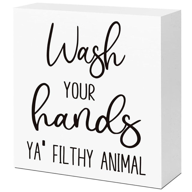 Funny Bathroom Wood Block Signs,Wash Your Hands YA' Filthy Animal Wooden Box Sign for Bathroom Shelf Toilet Restroom Home Tabletop Desk Decor,Rustic Bathroom Sign Decor