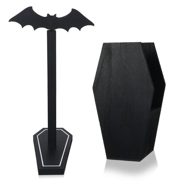Uiifan 2 Pcs Halloween Paper Towel Holder Coffin Kitchen Bat Utensil Holder Black Wood Spooky Paper Towel Holder Gifts Decoration for Home Table Halloween Kitchen Accessories