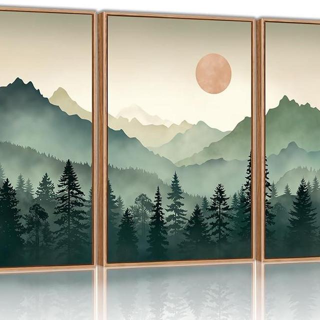 SIKERIC Sage Green Boho Mountain Wall Art, Large Modern Sunrise Framed Canvas Art Prints Set of 3, Nature Landscape Wall Decor, Watercolor Misty Forest Wall Paintings for Living Room, Bedroom- 16X24in