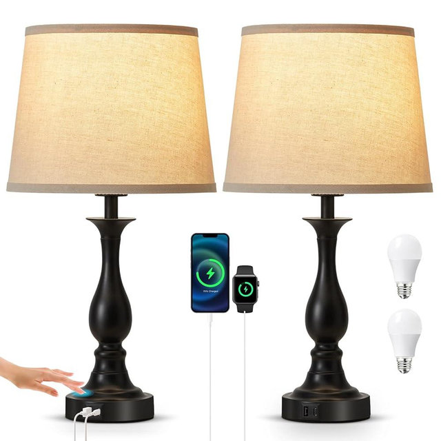 Bedside Table Lamp Touch Control Bedroom Lamps with USB-C USB-A Charging Port 3 Way Dimmable Touch Lamps for Nightstand Living Room Bedroom Dorm Home Office Reading, Set of 2