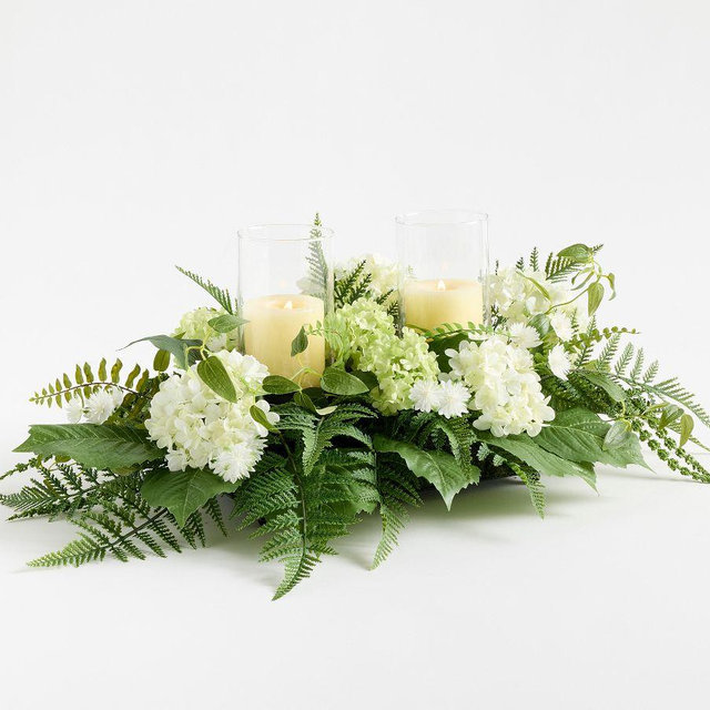 Hydrangea And Fern Elevated Centerpiece