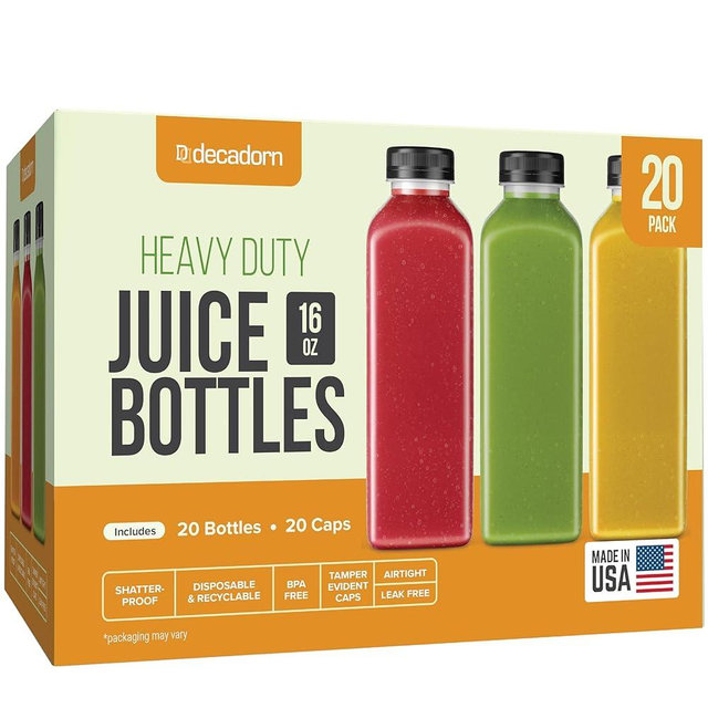 16 oz Juice Bottles With Caps - 20 Pack Plastic Bottles For Juicing, MADE IN USA Juicing Bottles Reusable - Juicer Bottles With Lids - Juice Containers With Lids - 16oz Plastic Bottles With Caps