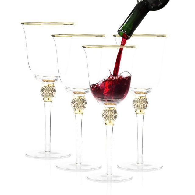 BERKWARE Premium Wine Glasses Set of 4 - Crystal Long Stem Wine Glass with Gold Rim & Rhinestone Design - 18 oz