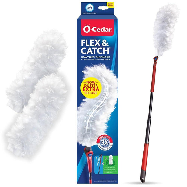 O-Cedar Flex & Catch Heavy Duty Dusting Kit with 3 Disposable Duster Refills | New & Improved Model | Extendable 3 Ft Handle with Stay-On Duster Hook | Traps 3X More Dust Than Feather Dusters