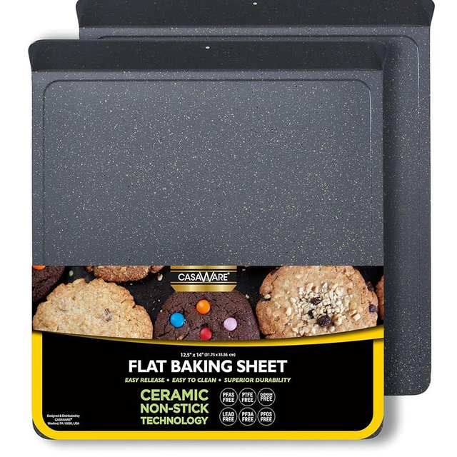 casaWare 2pc Large Flat Baking Cookie Sheet, 12.5 x 14-inch with a 1.5-inch Handle, Ceramic Non-Stick Coating (Silver Granite)