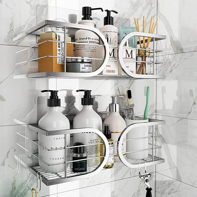 SWIFTSHARK Adhesive Shower Caddy Shelf, No Drilling Wall Mounted Stainless Steel Shower Organizer for Inside Shower, Rustproof Bathroom Storage Shelf & Kitchen Spice Rack - 2 Pack (Silver)