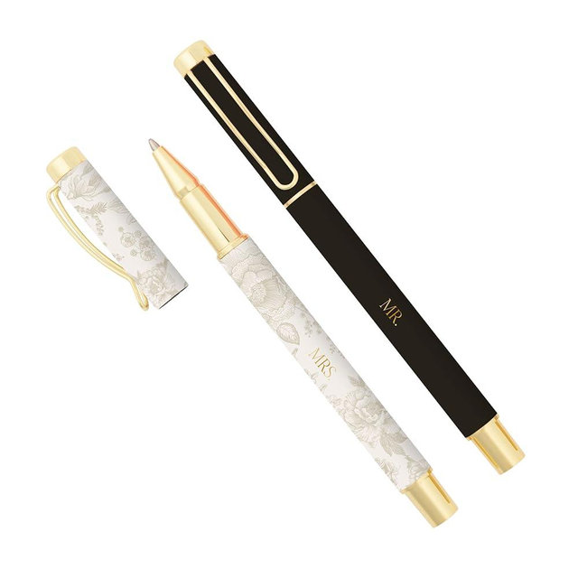 Sweet Water Decor Mr and Mrs Wedding Pen Set, 2 Piece Ballpoint Pens with Gold Accents, Black and Grey Delft Design, Medium Black Ink, Perfect for Guest Book, Engagement, Bridal Shower, Newlywed Gift