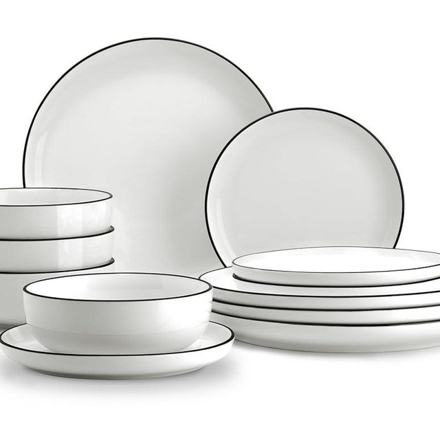 Zulay Kitchen Nova Porcelain Dinnerware Set, Service For 6 - Chip & Scratch Resistant White Plates And Bowls Sets - Microwave & Dishwasher Safe - White With Black Rim