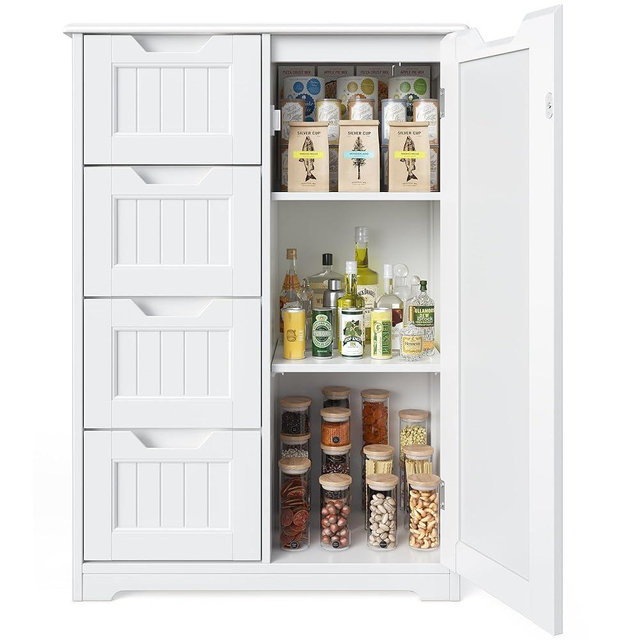 Gizoon 33" Small Kitchen Pantry Storage Cabinet with Door and Shelves, Pantry Cabinet Storage Cupboard, Freestanding Wooden Dresser with 4 Drawers for Bedroom Bathroom and Dining Room, White
