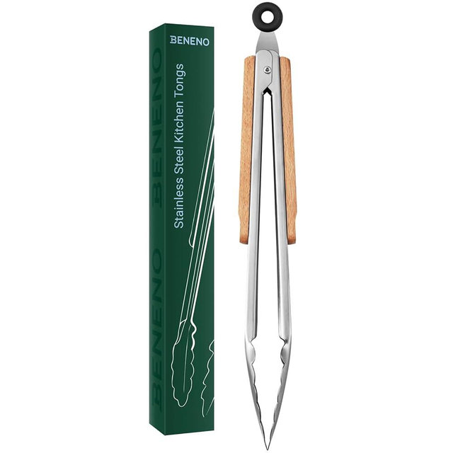 Beneno Kitchen Tongs for Cooking 12", Food-Grade Stainless Steel Heat Resistant Cooking Tongs With Non-Slip Heat-Insulating Wooden Handle & Scalloped Tips, Smooth Locking Metal Tongs for Kitchen Grill