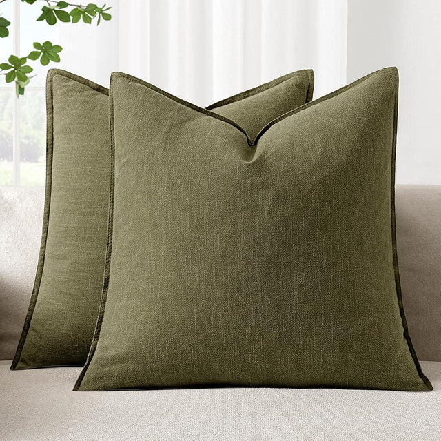Woaboy 26x26 Inch Set of 2 Decorative Linen Solid Throw Pillow Covers Boho Accent Farmhouse Couch Pillowcases Modern Netural Euro Home Decor for Couch Sofa Living Room Bed,Olive Green