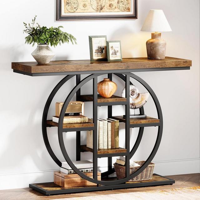 Celaform 41" Console Table for Entryway, 4-Tier Industrial Narrow Wood Sofa Accent Tables with Circle Storage Shelves for Living Room, Hallway, Foyer (Rustic Brown)