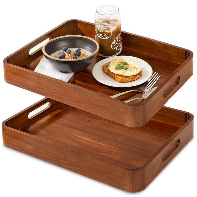 Acacia Wooden Serving Trays with Handles for Eating, Appetizers, Food, Snacks, or Home Decor, Large Wood Bed Tray or TV Tray, Decorative Ottoman or Coffee Table Accessory, 17x13 inch, Set of 2