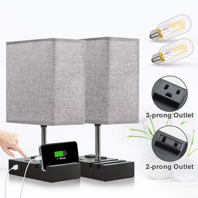 Lifeholder Touch Lamp with 2 Phone Stands,Dimmable USB Lamp Include 2 Warm Edison Bulbs, Grey Table Lamp Built in 2 USB Ports & 2 AC Outlet, Bedside Lamps Idea for Bedroom or Living Room(Set of 2)