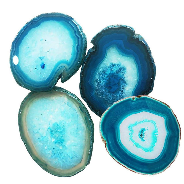 AMOYSTONE Agate Geode Coasters for Drinks Crystal Stone Table Coasters Large Set of 4 Unique Gifts Dyed Teal 4-5"