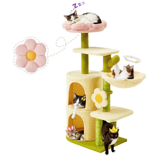 Erinnyees Flower Cat Tree, 38.2 Inches Cat Tower, Multi-Level Indoor Kitty Tree Tower, Kitty House with Cozy Top Flower Platform, Spacious Condos, Soft Hammock, Sisal Scratching Post