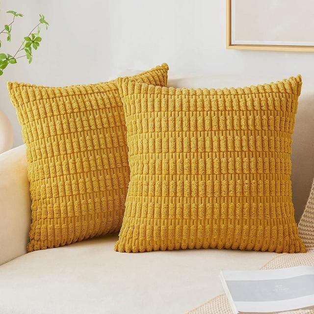 MIULEE Pack of 2 Mustard Yellow Corduroy Decorative Throw Pillow Covers 18x18 Inch Soft Boho Striped Pillow Covers Modern Farmhouse Home Decor for Sofa Living Room Couch Bed