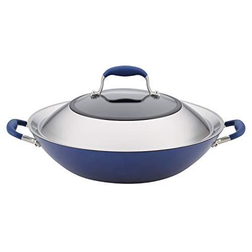 Anolon 84618 Advanced Hard Anodized Nonstick Stir Fry Wok Pan with Lid, 14 Inch, Indigo Blue