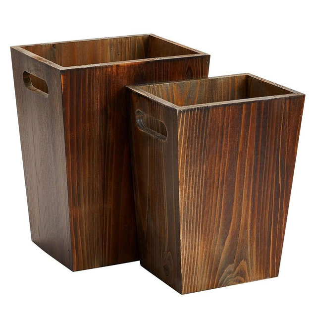 Farmlyn Creek 2 Piece Rustic Style Wood Trash Can Set, Farmhouse Square Wastebasket Bins with Handles for Home or Office (Brown, Small & Large) - Rustic Bathroom Trash Can Set - Wood Square Trash Cans