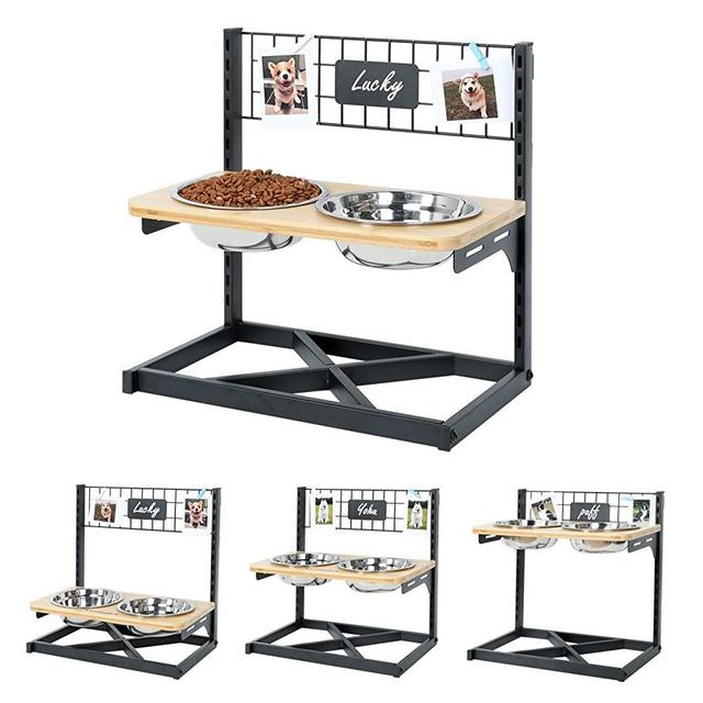 Elevated Dog Bowls,Bamboo Raised Dog Bowls Stand Feeder with 2 SS304 Bowls,12 Adjustable Heights Pet Raised Bowls for Small Medium Large Dogs and Cats
