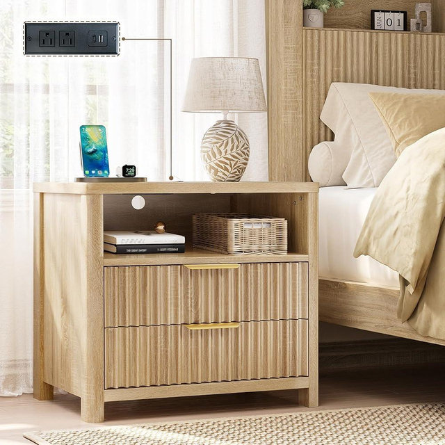 CypBed 23.8" Wide Fluted Farmhouse Night Stand with Charging Station, Bedside Table with 2 Drawer and Storage, Wood Modern End Table for Bedroom Nightstand with Rounded Corner, Easy Assembly
